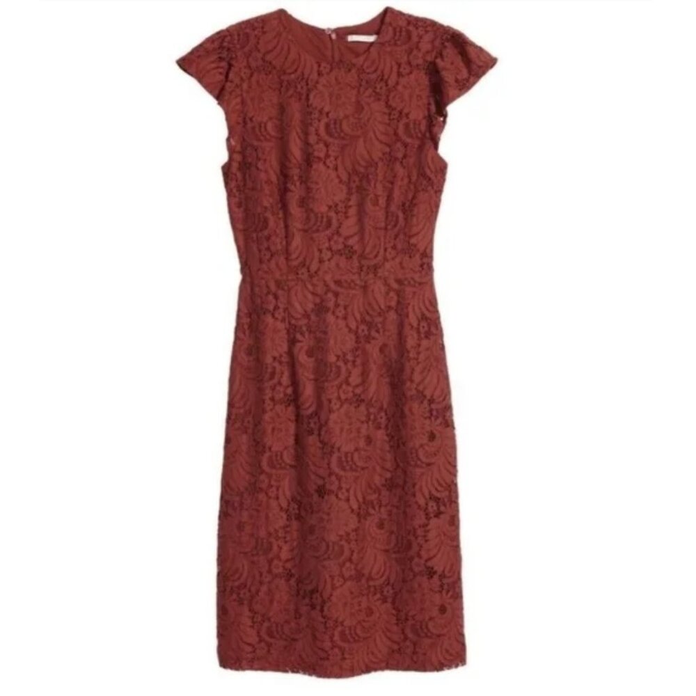 H&M Burgundy Lace Sheath Dress with Cap Sleeves